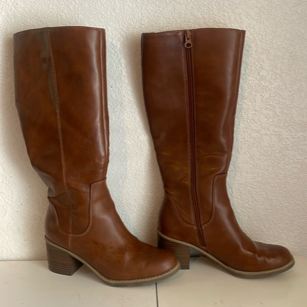 Faux Leather Knee High Brown Boots